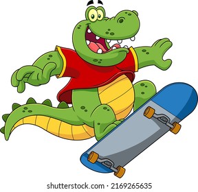 Happy Alligator Or Crocodile Cartoon Character Jumping With Skateboard. Vector Hand Drawn Illustration Isolated On White Background