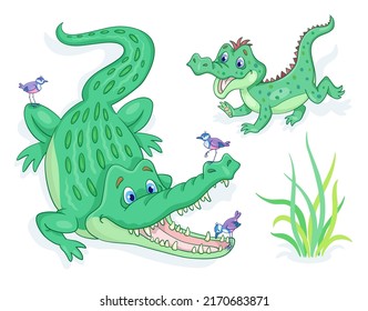 Happy alligator family. Big crocodile and small birds. One of the birds is cleaning the teeth of a crocodile. Little son is playing nearby. Vector illustration in cartoon style. Isolated on white