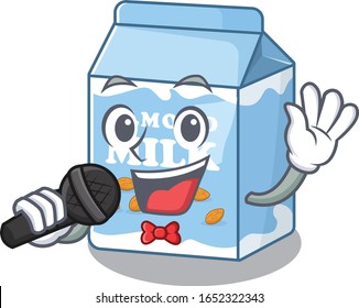 Happy almond milk singing on a microphone