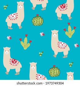 Happy Alpaca with Cactus Seamless Pattern