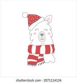 Happy alpaca with Christmas day. Animal flat clipart. Modern poster for prints, kids cards, t-shirts.