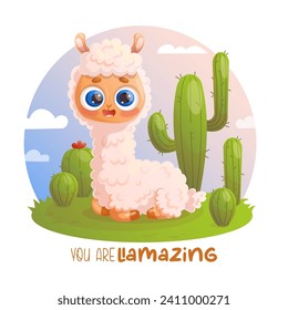 Happy alpaca Llama. Cute animal with cacti. Vector illustration in cartoon style.