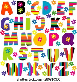 Happy alphabet set with flowers and stripes patterned letters