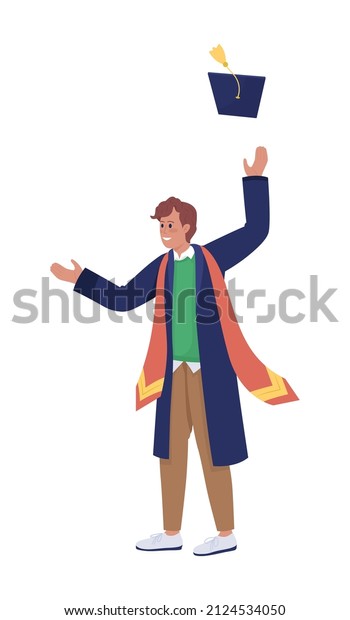 Happy alumnus throws cap semi flat color vector\
character. Standing figure. Full body person on white. Festive\
celebration simple cartoon style illustration for web graphic\
design and animation
