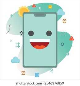 Feliz Emoji Amazed em uma tela de Smartphone: Design de Ilustração Moderno com um toque criativo de elementos geométricos coloridos | Feliz Amazed Emoji Icon Design na tela do Smartphone