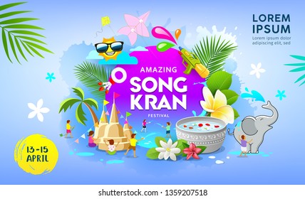 Happy Amazing Songkran festival summer of Thailand vector on blue banner background, illustration Happy Amazing Songkran festival summer of Thailand vector on blue banner background, illustration