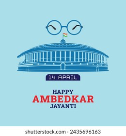 Feliz Ambedkar Jayanti diseño de festival de medios sociales post con gafas y vidhan shabha de India