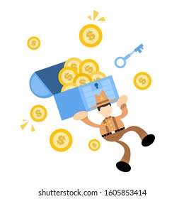 happy america cowboy and gold chest coin dollar money economy cartoon doodle flat design style vector illustration