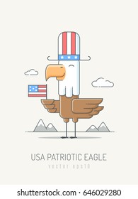 Happy american bald eagle wearing Uncle Sam's hat and holding flag of the United States of America vector illustration in simple line art style