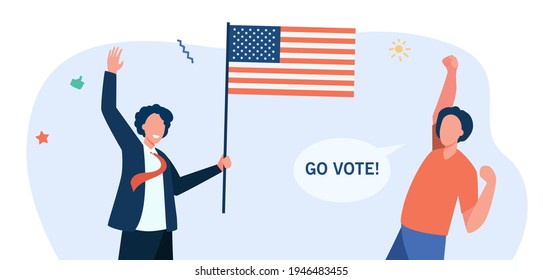 Happy American citizens with flag voting. USA, government, freedom flat vector illustration. Democracy and choice concept for banner, website design or landing web page