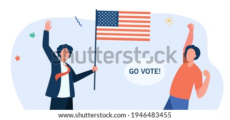 Happy American citizens with flag voting. USA, government, freedom flat vector illustration. Democracy and choice concept for banner, website design or landing web page