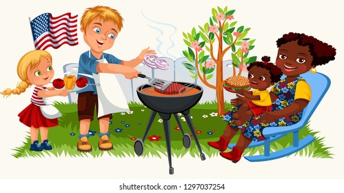 Happy American Family Cooking Barbeque Outdoors At Home