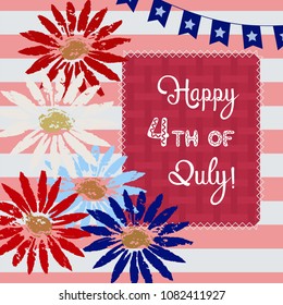 Happy American holiday poster. Colors of USA flag. Colorful flowers. Design idea on July 4th greeting card, party celebration background. Independence Day sale decorative banner. Vector illustration
