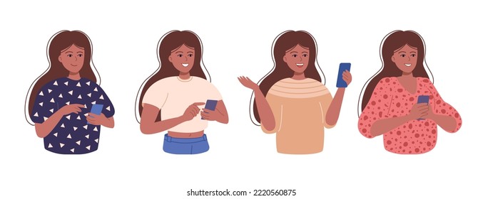 Happy American or Idian set usa smartphone. 4 emotes, poses y trajes diferentes. Chatear y enviar mensajes de texto a teléfonos inteligentes, usando teléfonos móviles, internet, redes sociales. Ilustración vectorial plana