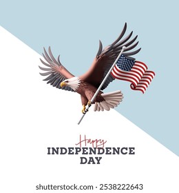 Feliz Día de la Independencia Americana. Águila calva 3D volando con bandera de Estados Unidos. Un símbolo nacional que simboliza la libertad, la fuerza y el orgullo. Ilustración vectorial