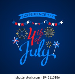 Happy American Independence Day 4th July greeting card. festive banner with a congratulatory inscription, fireworks, flags and balloons. vector illustration