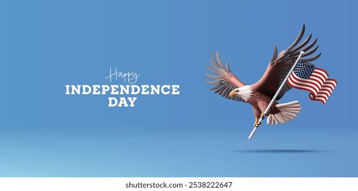 Feliz Día de la Independencia Americana. Imagen de un águila calva volando y sosteniendo una bandera americana sobre un fondo azul, 3D. Por conceptos que celebran la fiesta nacional americana. Ilustración vectorial.