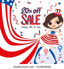 Happy American Independence day with Independence model vector for shop or you can remove '20% off' text to create poster or postcard