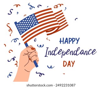 Happy American independence day on 4th July. Hand with American flag greeting card, vector illustration