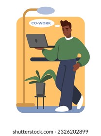 Feliz estadounidense llevando una laptop y caminando en el cargo. Espacio abierto para diferentes trabajadores. Entorno de trabajo compartido y oficina de espacio abierto. Ilustración plana en colores azul y amarillo