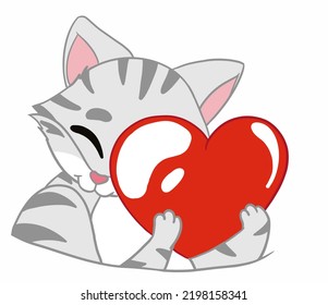 The happy American Shorthair Cat holds the big and soft  red heart acts as I love and good emotions.  Doodle with a cartoon.