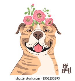 Happy American Staffordshire Pit Bull Terrier. Best friend - Pit Bull dog and wreath of flowers in the style of cartoon. Vector illustration.