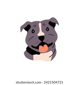 Feliz bozal estadounidense Staffordshire terrier. avatar de Cute Pit Bull. Amar las sonrisas de los perros guardianes, muestra la lengua. Divertida cara de cachorro de Amstaff. Una mascota divertida. Ilustración vectorial aislada plana sobre fondo blanco