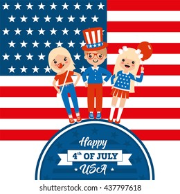 Happy american teenagers set on circle with typography. Independence day in USA. Cute and simple cartoon style. For greeting and invitation card.