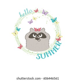 Happy amused little raccoon with a butterfly sitting on its head, more butterflies flying around. Single composition in green frame with butterflies and Hello Summer lettering. Vector illustration.