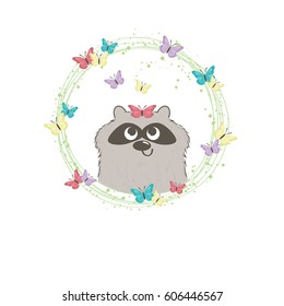 Happy amused little raccoon with a butterfly sitting on its head, more butterflies flying around. Single composition in green frame with butterflies. Vector illustration.