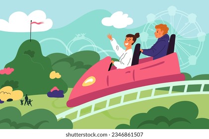 Happy amusement park visitors ride in rollercoaster. Positive emotions. Adrenaline rush. Cartoon people having fun. Couple on roller coaster. Weekend entertainment