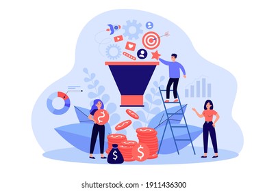 Happy analysts analyzing market via social media flat vector illustration. Cartoon characters working with marketing cycle and advertising system. Selling strategy, SEO and marketing funnel concept