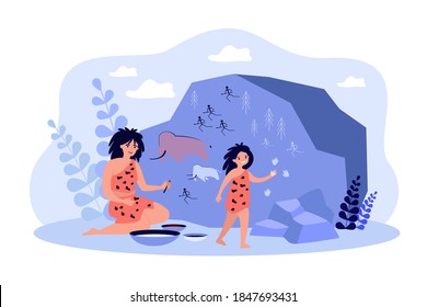 Happy ancient people scratching and drawing life scenes on stone. Vector illustration for prehistoric family activities, rock art, cave people hobby, relics concept