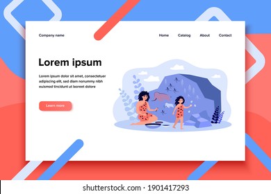 Happy ancient people scratching and drawing life scenes on stone. Vector illustration for prehistoric family activities, rock art, cave people hobby, relics concept