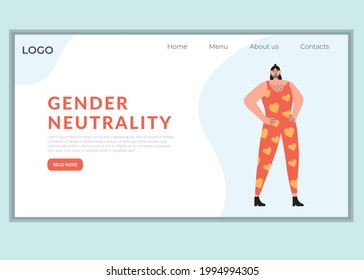 Happy androgynous person in fashioncolorful suit web landing page template. Gender neutrality, genderqueer, transgender. Hand drawn flat vector illustration