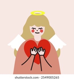 Feliz anjo menina segurando retrato de coração vermelho. Cultura, fé, religião, oração, conceitos de paz. Ilustração isolada do design de caracteres de vetor plano.