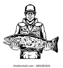 Happy angler holding caught trout fish in vintage monochrome style isolated vector illustration