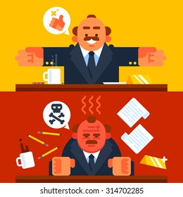 Happy And Angry Boss. Vector Flat Illustration.