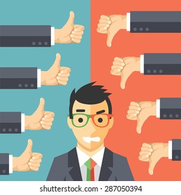 Happy angry businessman. Man in suit with different face expressions - happiness and anger. Likes, dislikes, public opinion, vox populi concept. Creative vector illustration