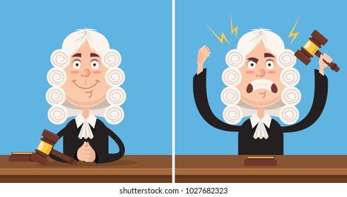 Happy and angry judge character mascot. Vector flat cartoon illustration set