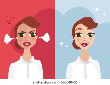 Happy and angry woman. Vector illustration