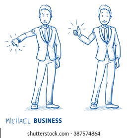 Happy and angry young man in business suit showing thumb up and down. Hand drawn line art cartoon vector illustration.