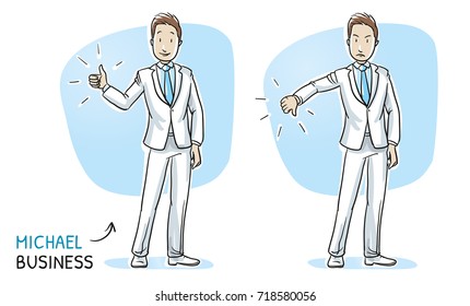 Happy and angry young man in business suit showing thumb up and down. Hand drawn cartoon sketch vector illustration, whiteboard marker style coloring. 