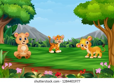 Happy animal cartoon are enjoying in the beautiful garden