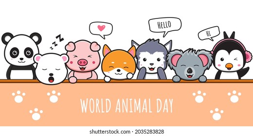 Happy animal celebration world animal day banner icon cartoon illustration design isolated flat cartoon style