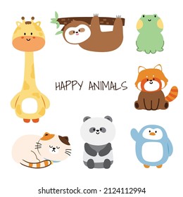 Happy animal collection.Set of cute animals cartoon on white background.Giraffe,sloth,frog,red panda,penguin,bear,cat hand drawn.Isolated.Kawaii.Vector.Illustration.