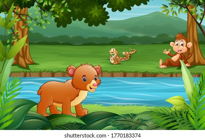 Happy animal enjoying on the riverside