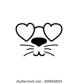 Happy animal face in heart goggles. Black doodle on white background. Rodent face mask silhouette. Cute rabbit sticker. Animal nose logo for veterinarian or pet shop. Social media icon