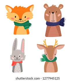 Happy animal faces set. Fox, rabbit, bear, deer. Hand drawn graphic for typography poster, card, label, flyer, page, banner, baby wear, nursery. Scandinavian style. Cartoon Vector Illustration