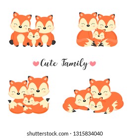 Happy Animal Family. Dad, Mom, Baby Foxes Cartoon. 